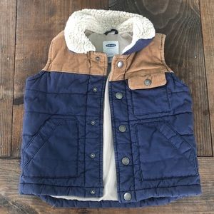 Old navy quilted boys vest 3T navy blue, tan corduroy, sherpa neck lining